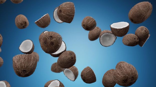 3D Render Falling coconuts on a blue background 4k