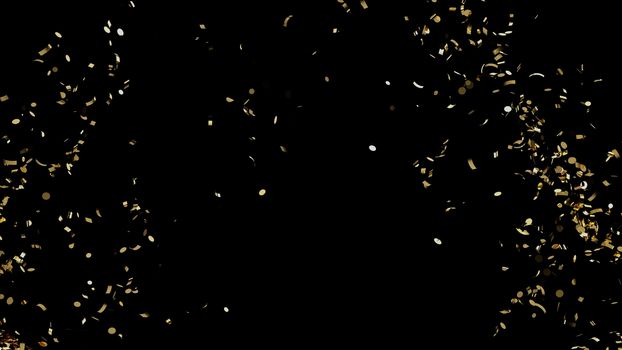 A fountain of golden confetti falling on the floor on an black background 4k