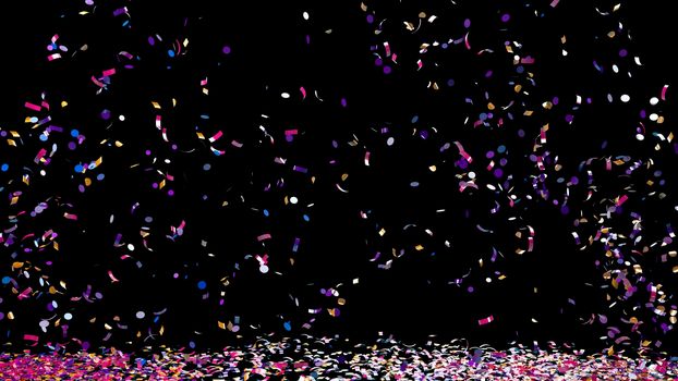 A fountain of colorful confetti falling on the floor on an black background 4k