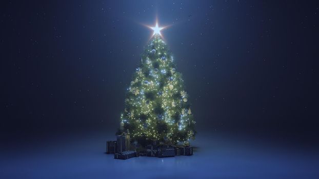 3d render Christmas tree with a shining star and a gerland in the dark with falling snow