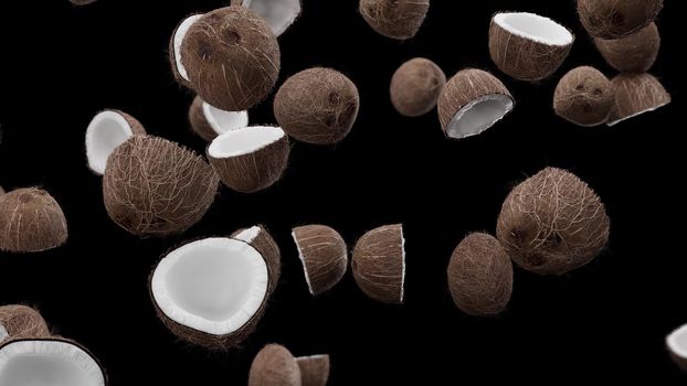 3D Render Falling coconuts on a black background 4k