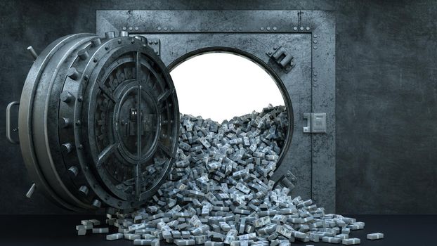 3d render Opening Of The Vault Door In Bank with a lot of money 4k