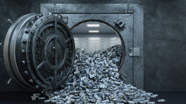 3d render Opening Of The Vault Door In Bank with a lot of money 4k