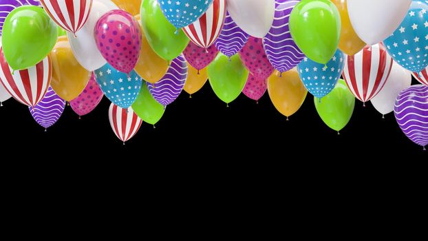 3d render multicolored balloons hitting the ceiling on a black background in 4k