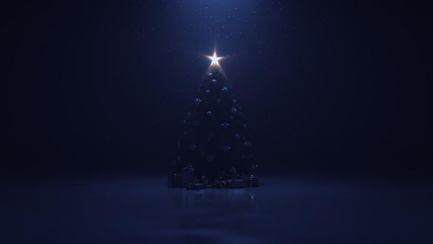 3d render Christmas tree with a shining star and a gerland in the dark with falling snow