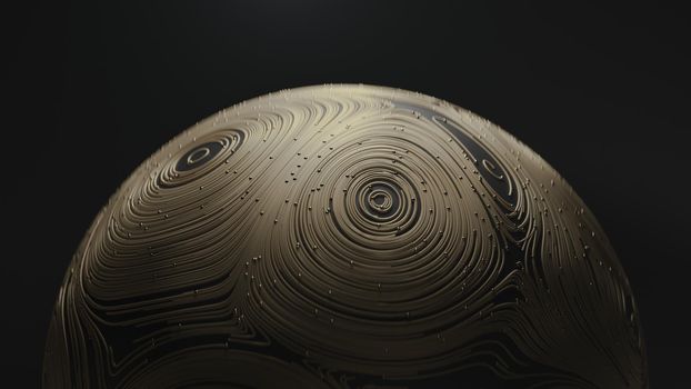 3d render golden ball with circular topographic animated lines and particles on black background in 4k