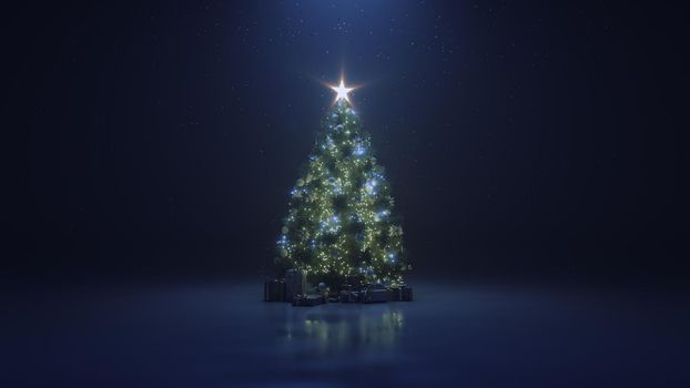 3d render Christmas tree with a shining star and a gerland in the dark with falling snow