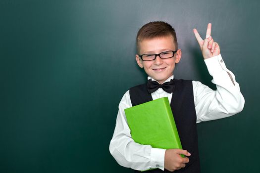 Happy cute clever boy in glasses with book in his hand. Child is ready to answer with a blackboard on a background. First time to school. Back to school.