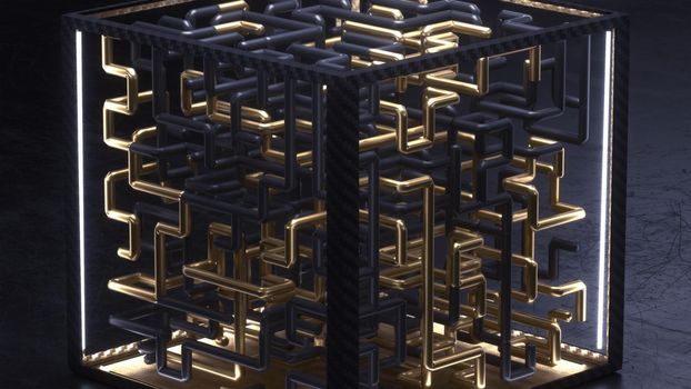 3d render cube with gold and black maze animation inside 4K