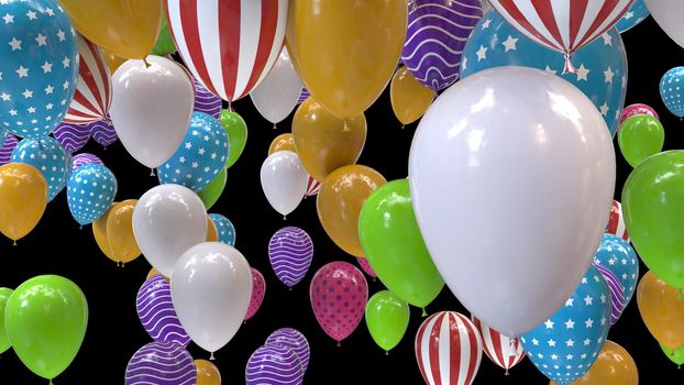 3d render multicolored balloons on a black background in 4k