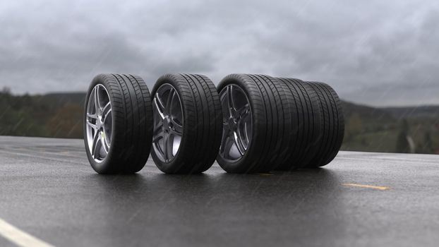 3d render car tires rolling on wet asphalt in the rain with a thunderstorm in 4k