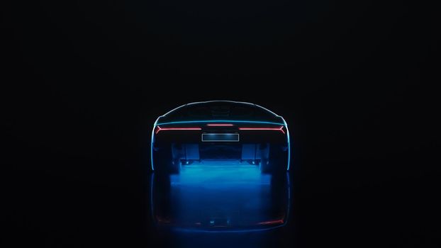 3d render sports car with neon lights drives off into the distance on a black background in 4k