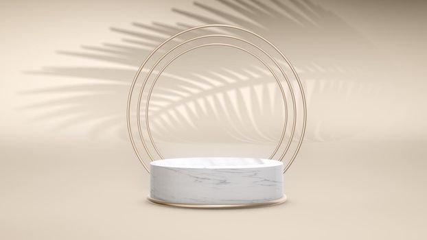 3d render Gold-framed marble podium with swinging palm shadow 4k