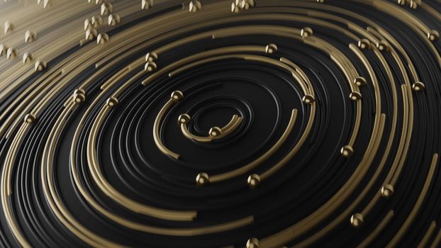 Curly golden and black abstract in circle lines together with particles on blurred bokeh background in 4k