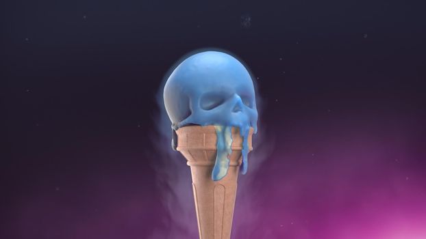 3d render Melting ice cream in the form of a skull in 4k