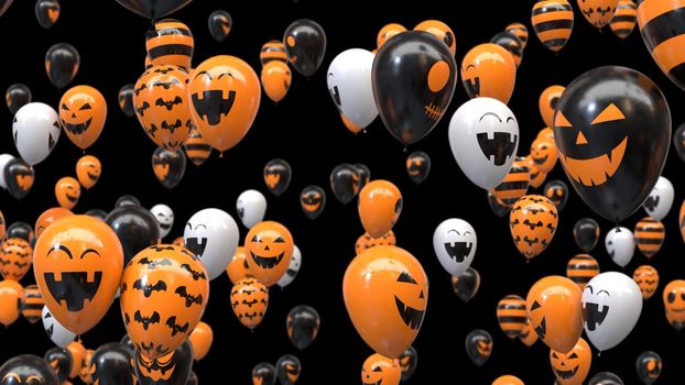 3d render Flying halloween balloons on black background in 4k