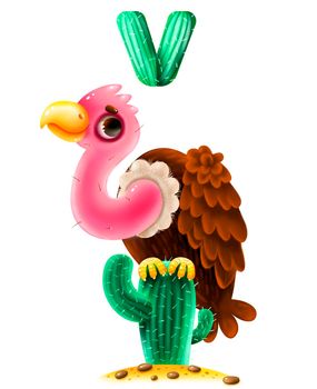 Funny animal alphabet for the kids: V for the Vulture. The vulture sits on a cactus.