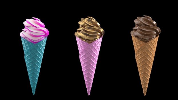 3 ice cream with waffle cone on a black background in 4k