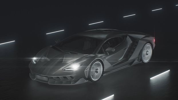 3d render A sports car drives at speed on a road with neon lights in 4k