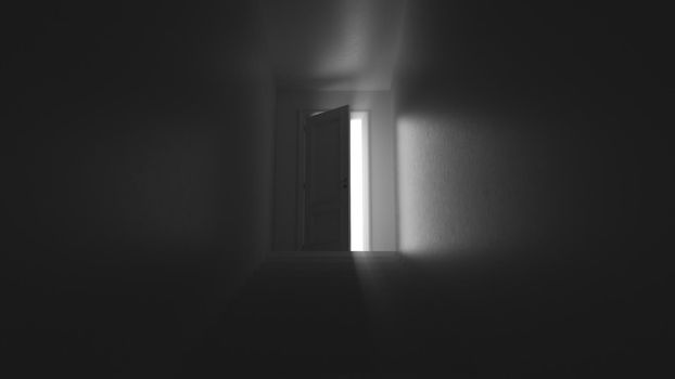 3d render door with steps in a dark corridor 4k