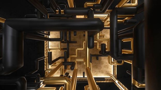 3d render cube with gold and black maze animation inside 4K