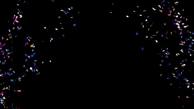 A fountain of colorful confetti falling on the floor on an black background 4k