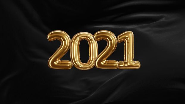 3d render Inscription 2021 from golden balloons of black silk developing fabric in 4k