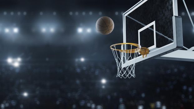 3d render Basketball hit the basket in slow motion on the background of flashes of cameras 4k
