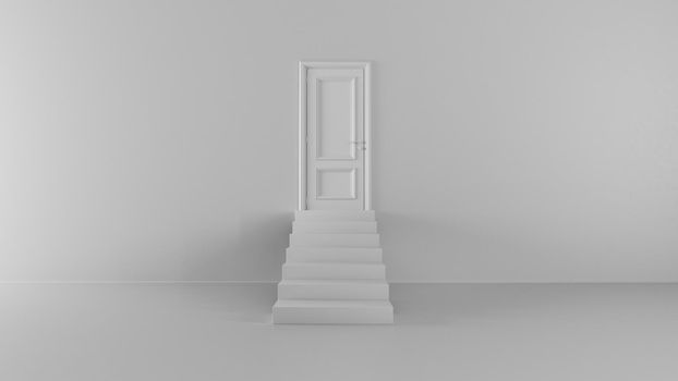 3d render door with steps in a bright room 4k