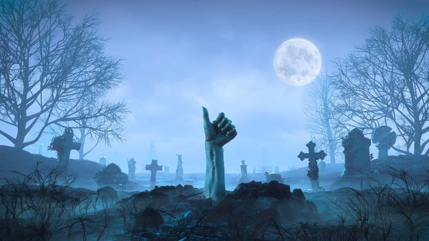 3d render Zombie hand crawls out of the ground at night against the background of the moon in the cemetery in 4k