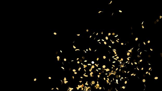 Side shot of colorful and gold confetti on an black background4k