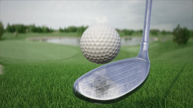 3d render hitting a golf ball with a club on the field side view in 4k