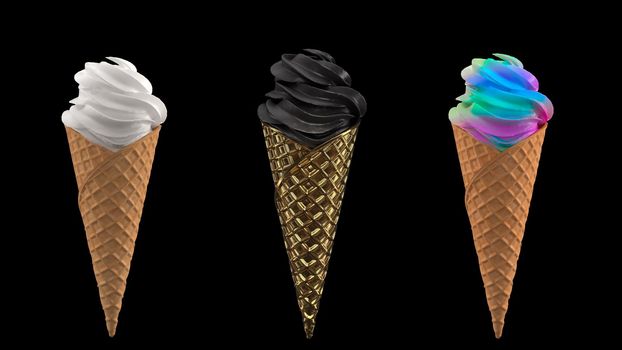 3 ice cream with waffle cone on a black background in 4k