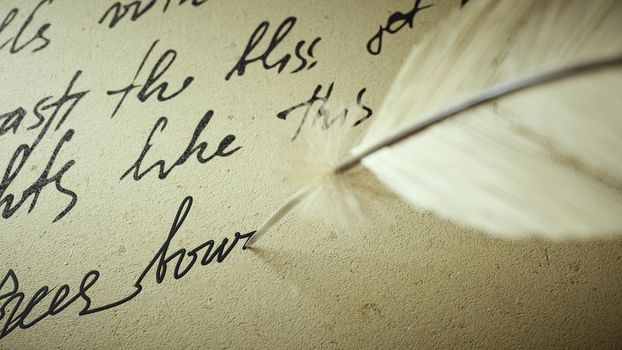 3d render ink pen writes poetry on old paper in 4k