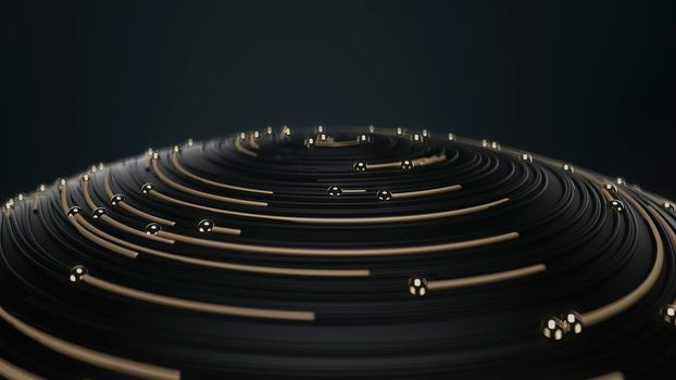 3d render Flying over golden ball with circular topographic lines and particles on black background in 4k