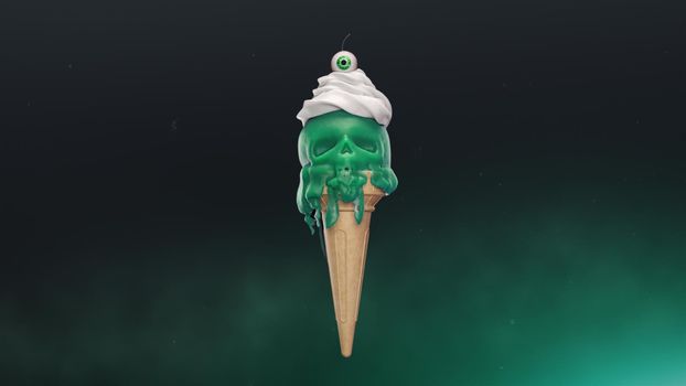 3d render Melting ice cream in the form of a skull in 4k