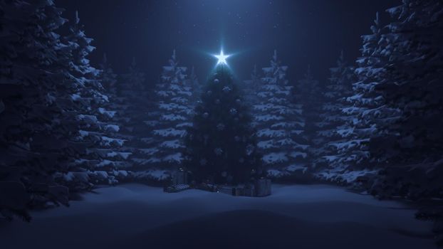 3d render Christmas tree with a shining star and a garland in the forest with falling snow 4k