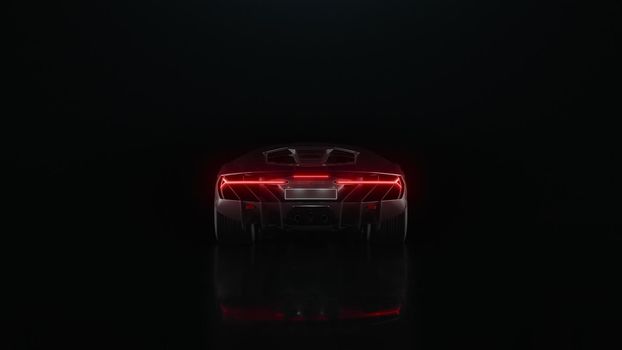 3d render sports car drives off into the distance on a black backrground in 4k