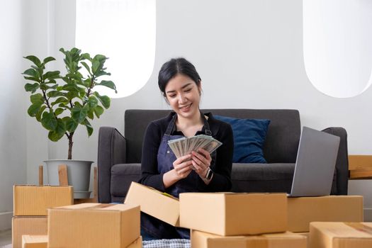 Young woman freelancer working and holding money with cardboard box at home - SME business online and delivery concept.