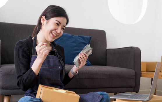 Young woman freelancer working and holding money with cardboard box at home - SME business online and delivery concept.