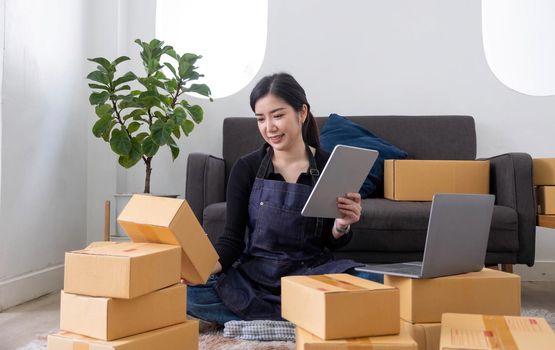 Starting small businesses SME owners female entrepreneurs Use a laptop or notebook to receive and review orders online to prepare to pack boxes, sell to customers, SME online business ideas..