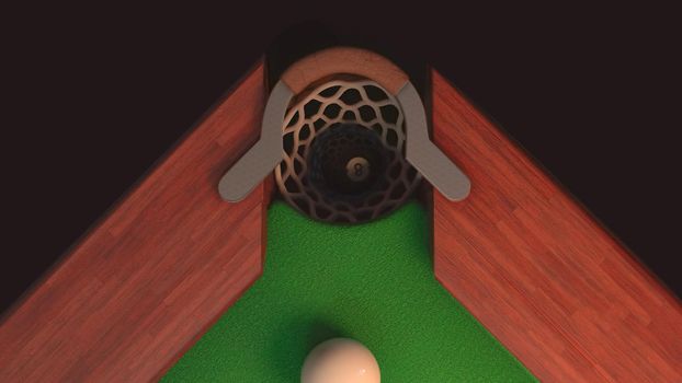 3d render billiard table from above blow on a black ball 8 it flies into the hole in 4k