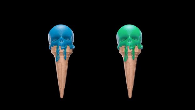 3d render Green and blue Melting ice cream in the form of a skull on a black background in 4k