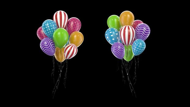 3d render Bundle multicolored balloons on a black background in 4k