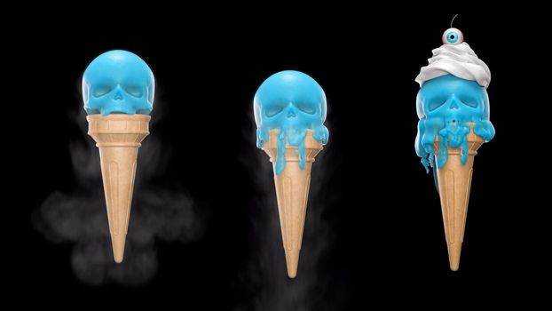 3d render Melting ice cream in the form of a skull on a black background in 4k