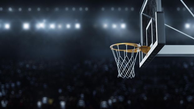 3d render Basketball hit the basket in slow motion on the background of flashes of cameras 4k