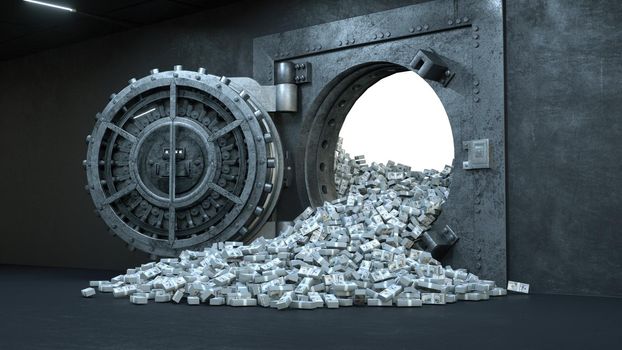 3d render Opening Of The Vault Door In Bank with a lot of money 4k