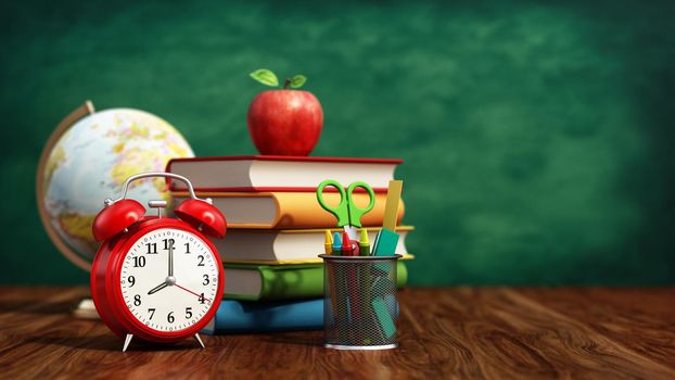 Red apple, books, pencil holder, model globe and alarm clock on green board. 3D illustration.