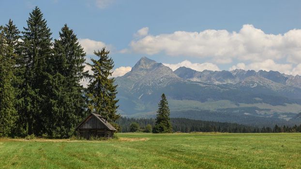 Summer meadow with old wooden cottage, mount Krivan (Slovak symbol) and High Tatras in background, on sunny day. Traditional Slovakia landscape.