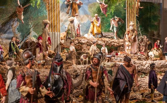 VENARIA REALE, ITALY - Circa January 2022: Italian crib - named presepe - with nativity. Traditional Christmas religious scene.